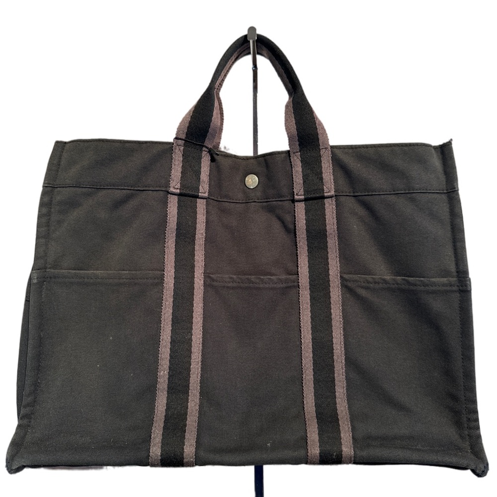 HERMES Fourre Tout MM Hand Bag Canvas Black Gray Auth ti1602 - Picture 3 of 12